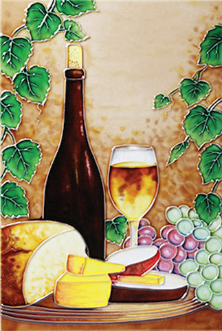 Hand Painted Ceramic Tile  "Wine and Cheese"