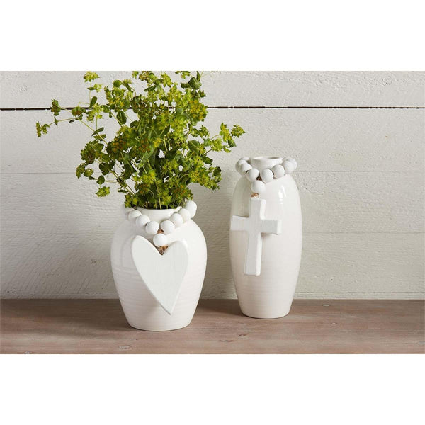White Beaded Stoneware Vase with Heart by Mud Pie.