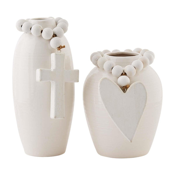 White Beaded Stoneware Vase with Heart by Mud Pie.