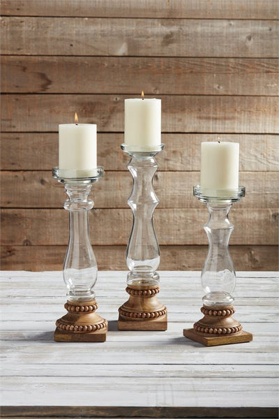 Glass & Beaded Wood Candlesticks-Medium size