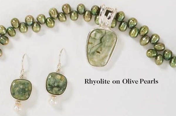 Set of Necklace & Earrings in "Rhyolite" Stone, Sterling Silver and Olive Pearls