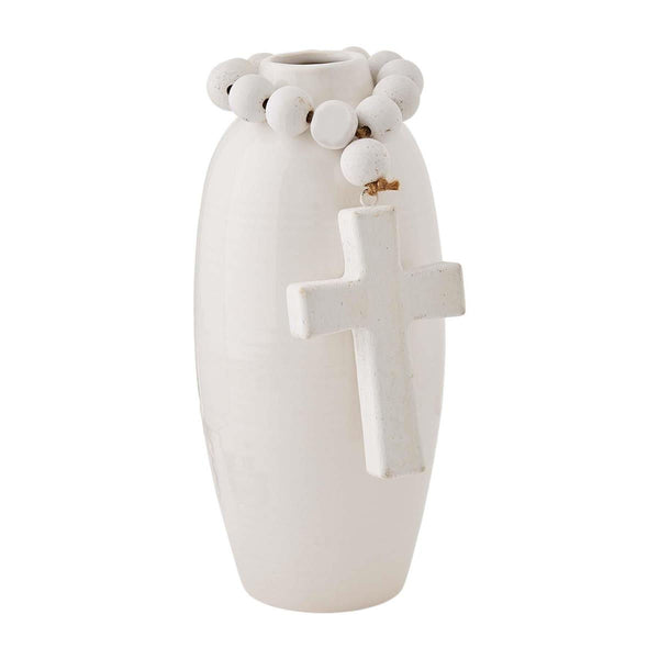 White Beaded Stoneware Vase with Cross by Mud Pie