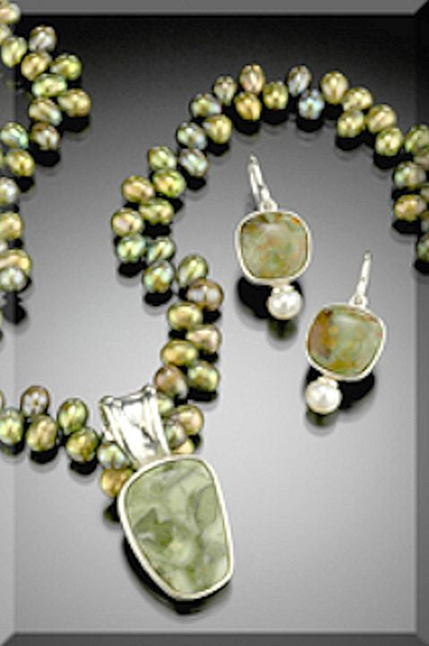Set of Necklace & Earrings in "Rhyolite" Stone, Sterling Silver and Olive Pearls